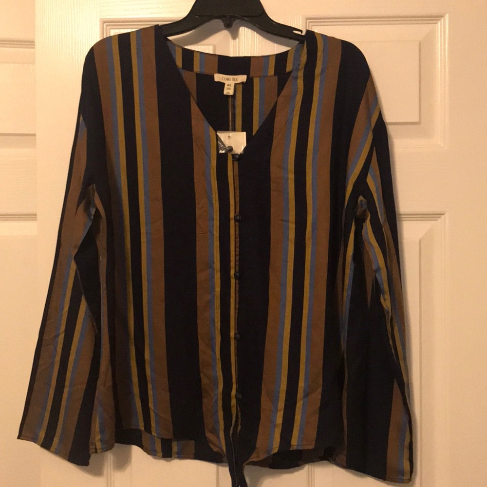 Navy Gold Brown Striped Blouse w/ Tie Knot Bottom